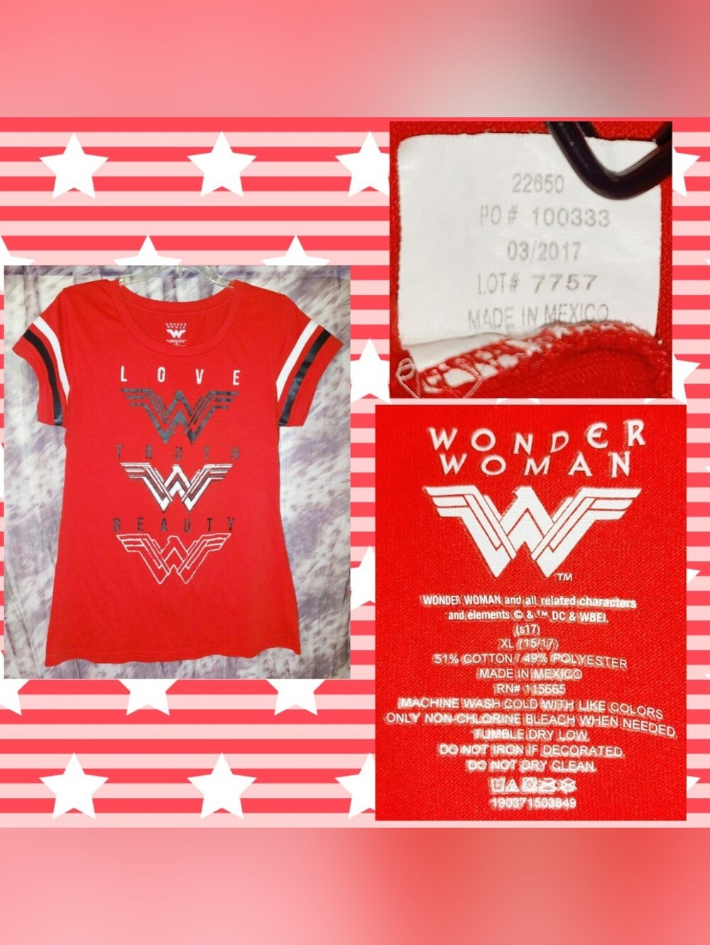 Wonder Woman brand Red/Blk/White Wonder Woman Football Style Knit Tee XL(15/17)